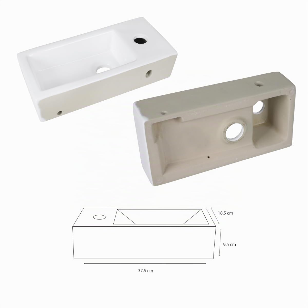 Differnz Helios Vasque – Lavabo en Céramique 37,5x18,5x9,5 cm – Ensemble Lavabo WC avec Robinet Gauche Chrome – Vasque à Poser avec Mitigeur Droit et Poignée Standard – Pour Salle de Bain ou Toilettes