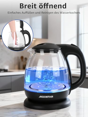 Aigostar Wasserkocher Klein 1L, Borosilikatglas mit LED Beleuchtung 2200W – Ansicht 5
