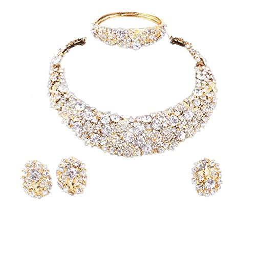 African Beads Gold Plated Shinning Flower Crystal Necklace Earrings Bangle Ring Jewelry Set #TOP12