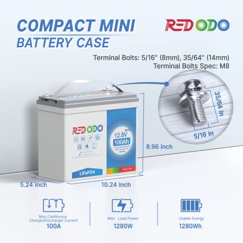 Redodo 12V 100Ah Mini Lifepo4 Lithium Battery With Small Size And Light Weight, Built-In 100A Bms And Grade A Cells, 4000-15000 Cycles & 10 Years Lifetime, Perfect For Boat, Solar Home, Rv, Off-Grid #TOP1