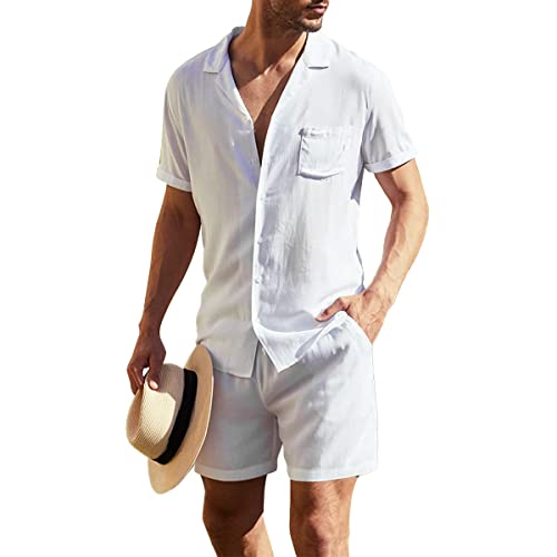 KUDORO Ensemble Homme 2 Pieces en Lin et Coton Survêtement d'Été de Plage Chemise Manches Courtes et Shorts Casual Sportwear Vêtements de Nuit(Blanc,XXL) Cover