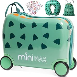 MiniMax 45x36x20cm 29L Kids Ride-On Suitcase 4PCS Set Inc Drawstring Bag, Neck Pillow & 50+ Personalisation Stickers, Easyjet Max Size Childrens Rolling Hand Cabin Luggage 45x36x20 Green Dinosaur