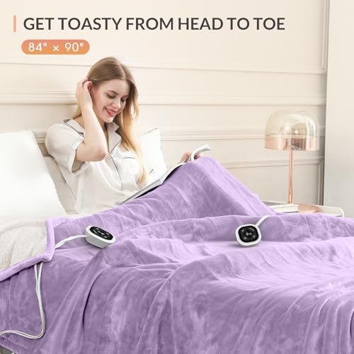 Image of HOMLYNS LuxeHeat Heated Blanket Electric Blanket Queen Size, Soft Flannel Sherpa Heating Blanket with 10 Heat Settings, 1-10 hrs Timer Auto Shut Off (84x90 inches, Purple), Only for 120V Voltage Use