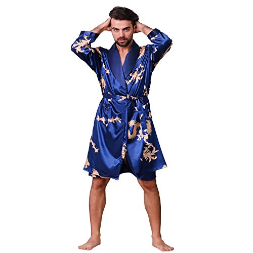 Mens Satin Robe Silk Long Sleeve House Kimono Bathrobe Sleepwear Loungewear
