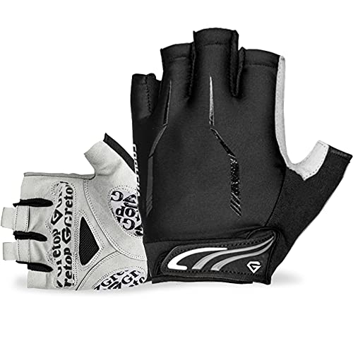 サイクルグローブ 春 夏 秋 専用 UVカット スマホ対応 通気性 手袋 自転車 衝撃吸収 耐磨耗性 速乾性 滑り止め (L, 指切黒)