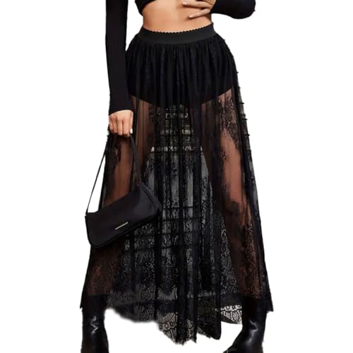 EMOTTOS Jupe Longue Femmes, Maxi Semi-Transparente Dentelle, Sexy 2 en 1, Transparente Taille élastique Taille Haute Ligne A Jupe Tulle avec Short Festival Streetwear, Clubwear, Noir, XL