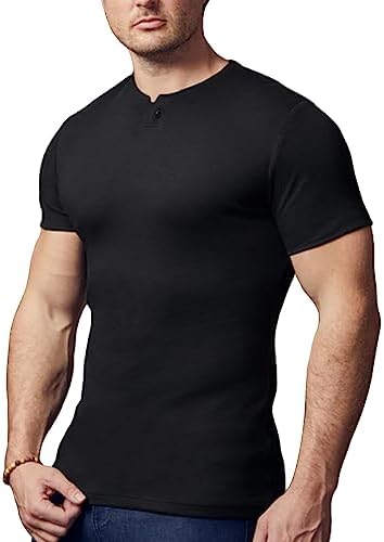 palglg Mens Short Sleeve Cotton Muscle Slim Fitted Sport Henley T-Shirt with Button Black M