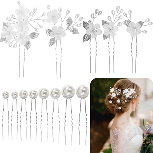 Juego de 13 Accesorios de Pelo para Novia, Horquillas Plateadas con Perlas, Flores y Hojas, Tocados para Bodas, Invitadas y Damas de Honor (Set 2)