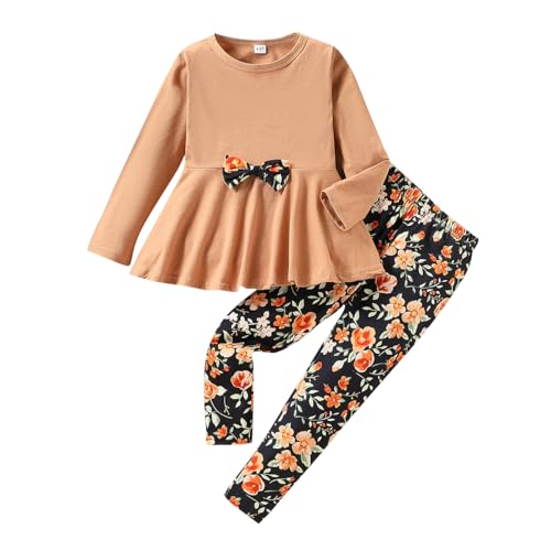 Image of Kids Toddler Girls Clothing Set Long Sleeve Top With Bowknot +Floral Print Pants 2 Pcs Fall Outfits Set