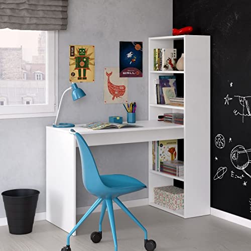 My Brand Scrivania PC con Libreria Bianca 120x53x144 cm per Cameretta | Postazione porta pc, libreria integrata, kit di montaggio, per ragazzi e bambini