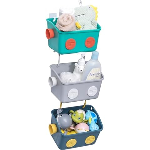 LUFOFOX Bath Toy Storage Organizer Basket, 3 Layers Colorful Robot Modeling Wall Mounted Kids Hanging Shower Caddy with Hooks for Shampoo Cover