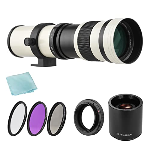 Benkeg Cámara MF Super Teleobjetivo Zoom Lente F / 8.3-16 420-800mm Montura T + Juego de filtros UV/CPL/FLD + Lente Teleconvertidor 2X 420-800mm + Anillo Adaptador T2-EOS Reemplazo para EF-mount