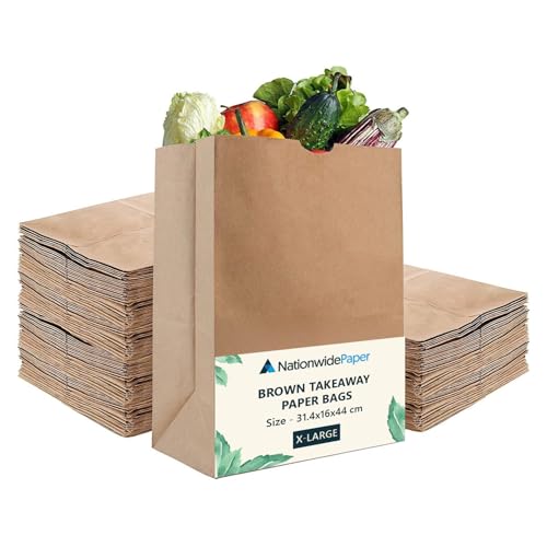 NationwidePaper Extra Large 25 Pcs Brown Paper Bags No Handles Strong Takeaway Paper Bags for Grocery, Fruits, Vegetables 31.4x16x44cm