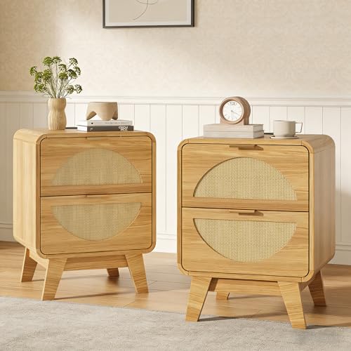 Maupvit Rattan Nightstand Set of 2 with Charging Station, Boho Beside Tables with 2 Drawers, Mid Century End Tables with Storage, Farmhouse Night Stands for Bedroom, Curved Edge, Natural