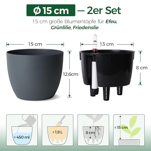 T4U 2Pcs 15cm Selbstbewässerungstopf mit Wasseranzeiger, Praktischer Blumentopf für vielbeschäftigte Anfänger und Gärtner, Plant Pot geeignet für Efeu/Einblatt, für den Innen und Außenbereich (Grau)