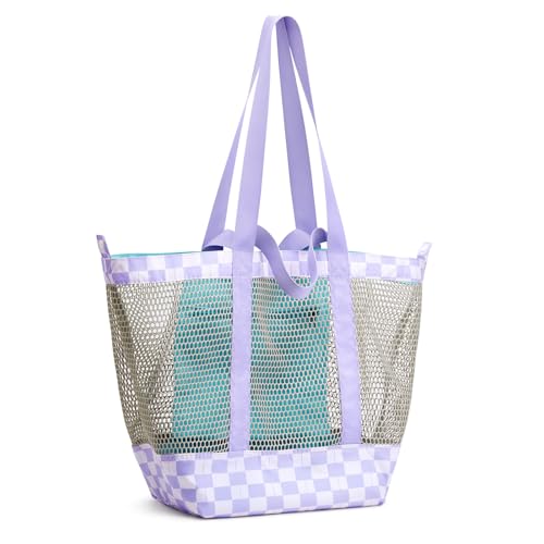 G4Free Mesh Beach Bags for Women Men Extra Large Packable Beach Tote Bag Reversible Travel Pool Shopping, Purple & Green