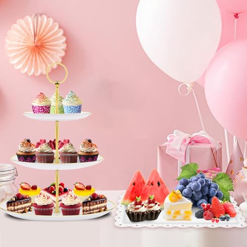 PinCute 5 Pcs Dessert Table Display Set - 2 X Cupcake Stand Holder/Cup Cake Tier Tower & 3 X Serving Tray Combo for Tea Party, Birthday, Baby Shower (Round)