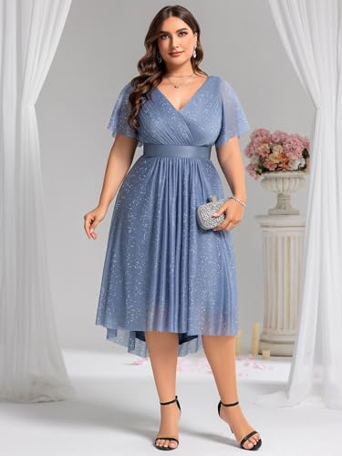 Image of Ever-Pretty Plus Women's Cocktail Party Dress V Neck A Line Glitter Plus Size Formal Wedding Guest Dresses for Curvy Women
