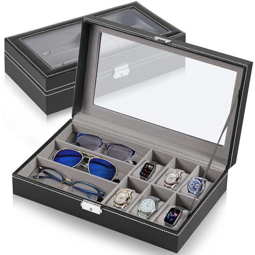 Deptad 33 * 20 * 8 cm Caixa Porta Relógio, Porta 6 Relógios 3 Óculos Couro Preto, Caixa Estilizada Organizadora de Relógios, Mostra de Relógios e Óculos, Caixa de Armazenamento de Relógio com Tampa