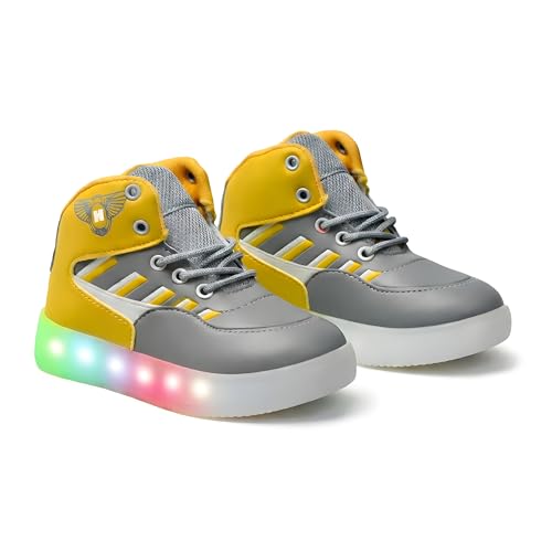 Image of HOOH Kids LED Light Up High Top Sneakers, Grey and Yellow, Breathable Upper with Soft Insole, Lace-Up Shoes