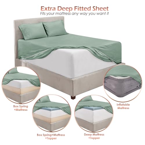 Image of Hearth & Harbor Extra Deep Pocket Sheet Sets, Luxury Soft 6 Piece Bed Sheet Set Fits Mattress 18-24 Inches - King, Sage Green New