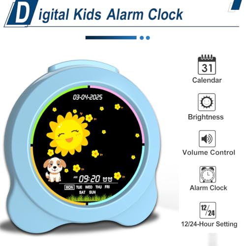 Sinoviwe Kids Alarm Clock Sun & Moon LED Display with Day & Date OK to Wake Clock with Night Light for Kids Children's Sleep Trainer Gift for Boy and Girls (Blue) - image 5