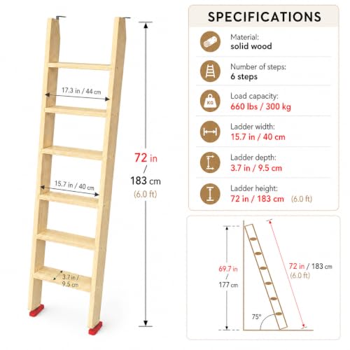 Image of 50 inch 55 inch 60 inch Black Wood Bunk Bed Ladder, Lofted /Dorm /RV Bed Bunkbed Ladders with 4in Extra Wide Steps and Non-Slip Pads, Replacement Wooden Ladder for Motorhome /Camping (Wood Color, 72in /183cm)