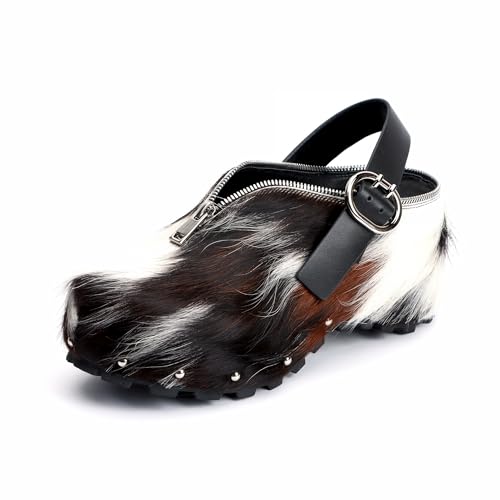 XOBZJH Women's Natural Cow Print Fur Platform Clogs with Zipper & Adjustable Strap Buckle – Western Slip-On Punk Rivets Mules Shoes with Arch Support and Chunky Retro Rustic Style