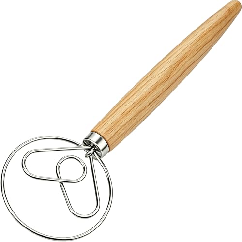 YIGEDA Danish Dough Whisk with Dough Hook Stainless Steel Wooden Handle for Sourdough Bread Baking Dough Mixing