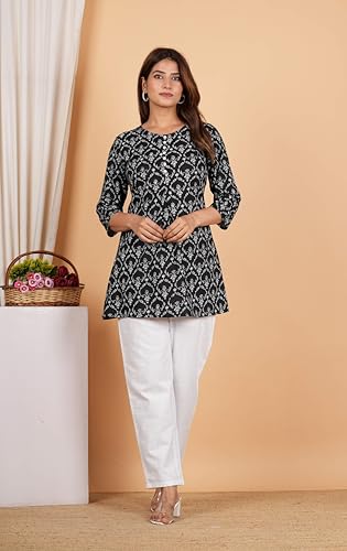 Image of Yash Gallery Women's Cotton Regular Fit Short Floral Printed Kurta