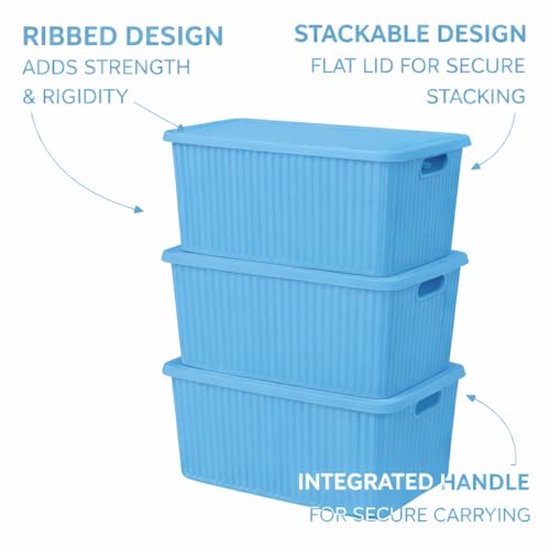 Image of Plastic Storage Box with Lid - Large Stackable Organizer Storage Box for Clothes, Toys, Kitchen - Big Size Plastic Storage Container Basket for Home, Office, Bathroom(Large,Pack of 3,Blue)