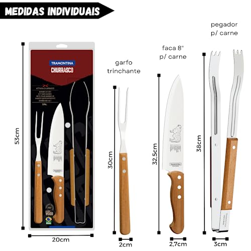 Kit Churrasco Tramontiina 3 Peças com Faca, Garfo Trinchante e Pegador de Carne 100% Inox e Cabo de