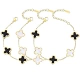 AIPPK 18K Gold Plated Clover Bracelet Set for Women Four Leaf Lucky Flower Bracelets Fashion Simple Jewelry Gifts for Women 3Pcs (Black+White+Mixed)