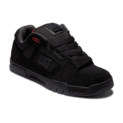DC Men's Stag Low Top Skate Shoe, Black/Grey/RED, 11