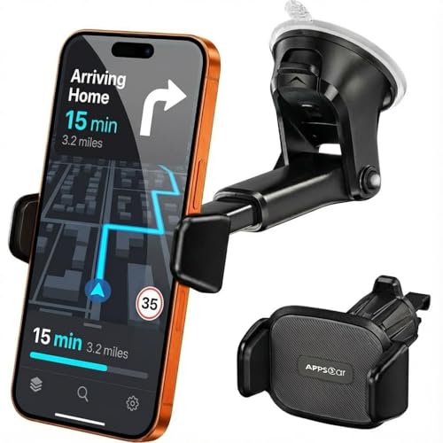 APPS2Car Car Phone Holder Mount - 3-in-1 Dashboard Windshield Air Vent - No Block Camera Thick Case - One Hand Adjustable 4.3”-6.3" Compatible for iPhone 17/16/15 pro max Samsung - Anti-UV Suction cup