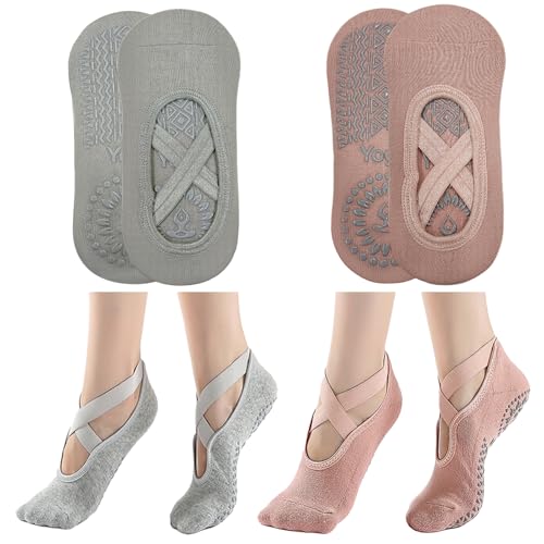 KEYRI 2 Pares Calcetines Pilates Yoga para Mujeres Niñas, Calcetines Antideslizantes Calcetine De Agarre medias de ballet con Asas y Correas, Low Top Calcetine Deportivos (Algodón, 1Rosa + 1Gris)