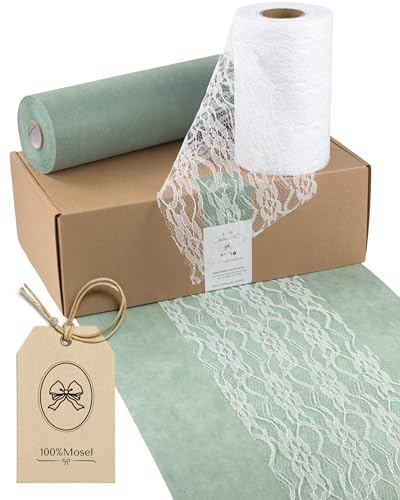 100%Mosel Tischläufer Set Eukalyptusgrün & Weiß – Vlies Tischläufer (30 cm x 25 m) & Spitzenband (15 cm x 25 m), 2 Rollen Tischband für Tischdekoration zu Hochzeit, Taufe, Kommunion