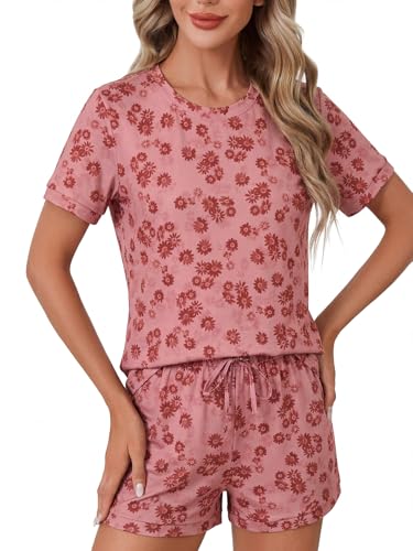 Image of LYANER Pajama Set for Women 2 Piece Lounge Set Striped Crew neck Short Sleeve Tops and Shorts Soft Sleepwear