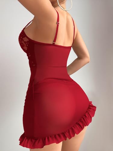 Image of Foxiny Sexy Corset Bodycon Ruffle Sheer Underwire Mesh Lace Floral Outfits Babydoll Lingerie Set Dress with Thong 2 Piece