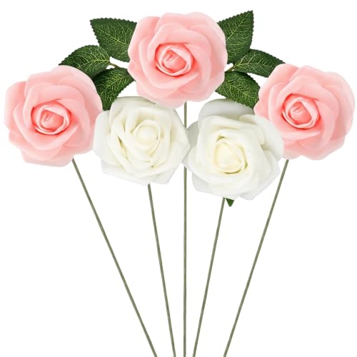 Luinabio 5 Pcs Artificial Rose Flowers, Pink, Champagne