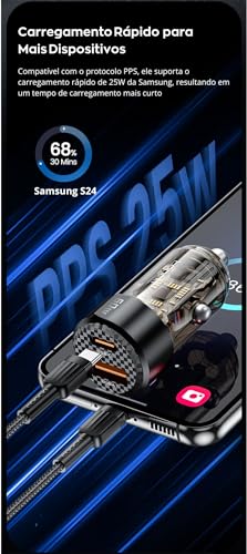 Carregador Veicular Toocki 60W Dual Port com USB-A e USB-C - Carregamento Ultra Rápido e Eficiente