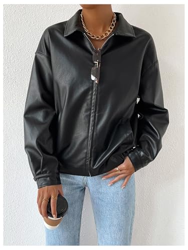 MakeMeChic Women's Faux Leather Shacket Long Sleeve Zip Up Motorcycle Jacket Biker Coat3