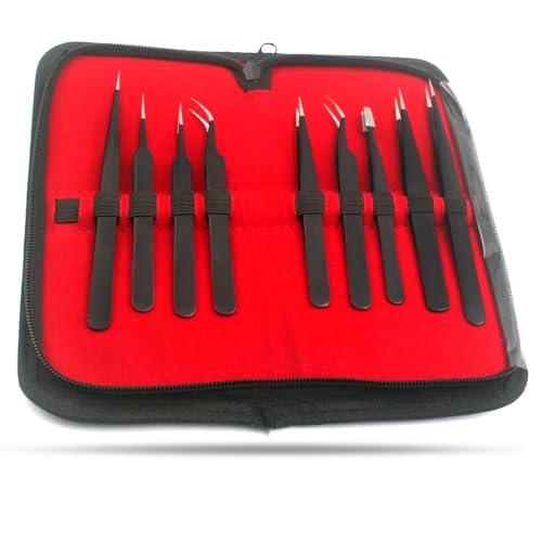 Precise Canada 9pcs Tweezers Precision ESD Anti-Static Stainless Steel Tweezers Tool Kit with Bag Case for Electronics Jewelry-Making Work Stamp Integrated Circuit (Leather Case)