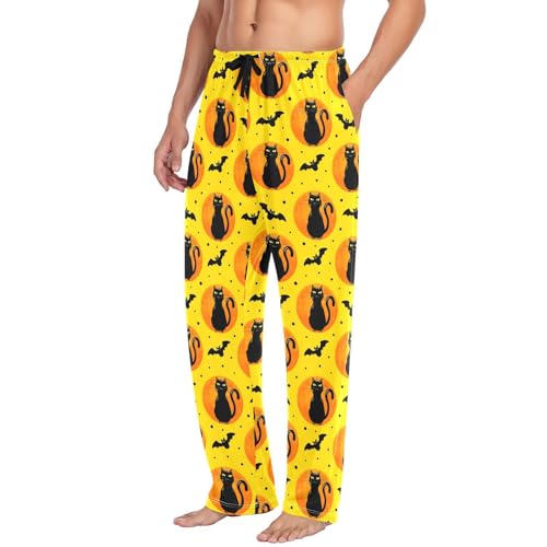 Men's Halloween Spooky Cats Pajama Pants with Pockets - Straight Fit Cotton Sleep Bottoms for Lounge & Nightwear#5094