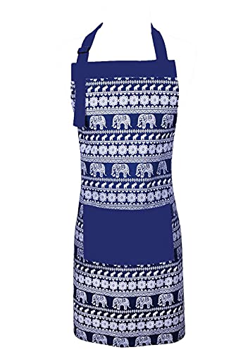 Love Potato Cute Elephant Printed Pattern Women Funny Kitchen Cooking Apron With Adjustable Neck Strap & Waist Ties, Baking Apron With Large Front Pocket, Machine Washable, Blue #TOP26