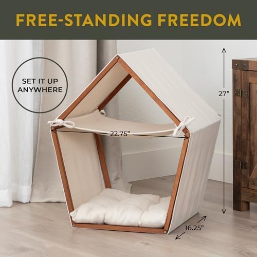 review Cat Houses for Indoor Cats - Free-Standing Cat Teepee House Has Modern Look, Boho Teak-Finish Pine Frame, Canvas Tent, Hammock, & Pillow Bed