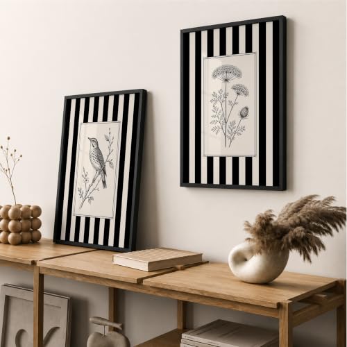 Image of Vintage Black White Wall Art Frames for Living Room Bedroom - Minimalist Botanical & Bird Stripe Wall Painting Set | Modern Aesthetic Monochrome Home Wall Decor with Frame (Art 17, 13x19 Inches, Black)