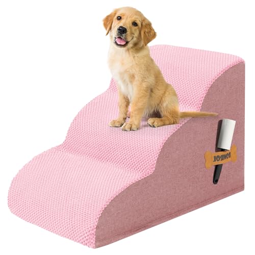 Romrol Dog Stairs Ramp for High Beds Couches, High Density Foam Pet Steps with Durable Non-Slip Waterproof Fabric Cover, Dog Stairs for Small Dogs or Cats or Pets, 3-Step,15 Inch,Pink