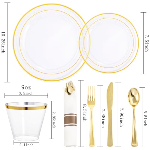 image for WELLIFE 210PCS Clear-Gold Plastic Plates - Dinnerware Sets for 30 Gues