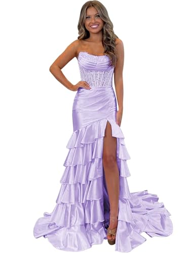 Tiered Satin Mermaid Prom Dresses for Women 2025 Long Corset Strapless Formal Gowns and Evening Dresses with Slit